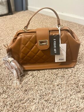 Quilted Satchel Handbag in Tan - 2 Piece Set